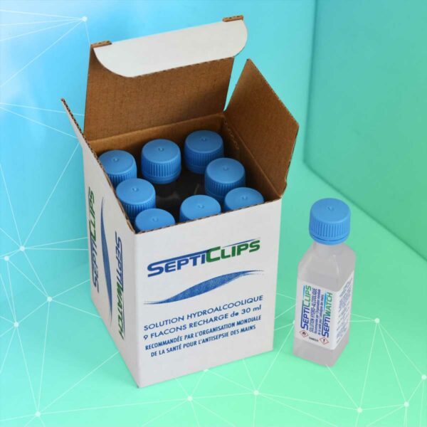 Boite de 9 Flacons recharge pour Septiclips™ Pulvérisateur Clipsable de solution hydroalcoolique